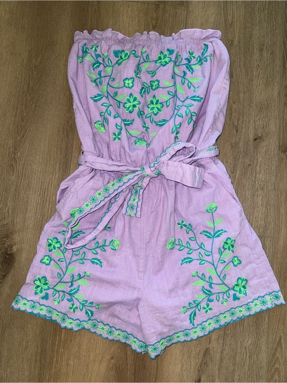 Lilly Pulitzer Purple Iris Green Embroidered Jene Belted Strapless Romper Small